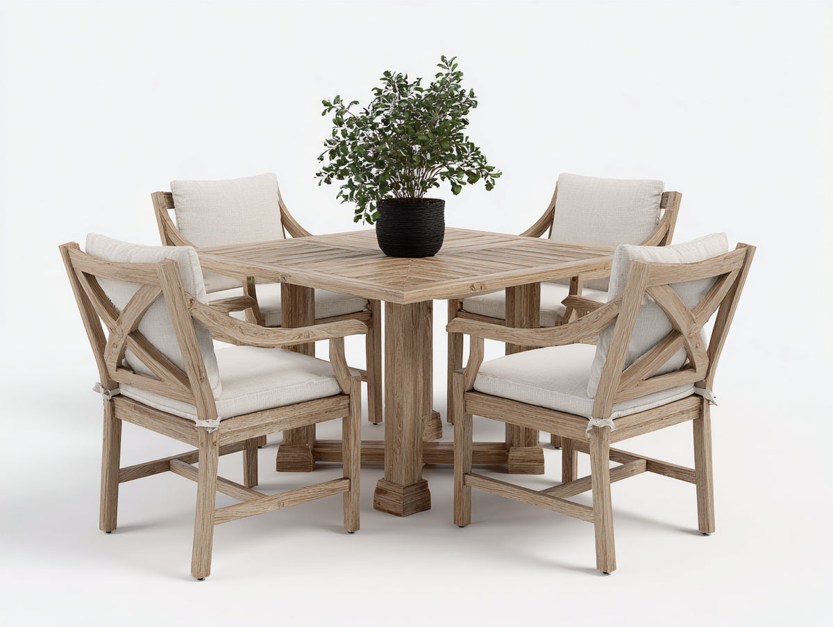 Conjunto de comedor de jardín de madera 130x130x75 cm - madera natural-beige - estilo moderno con mesa cuadrada y 4 sillas