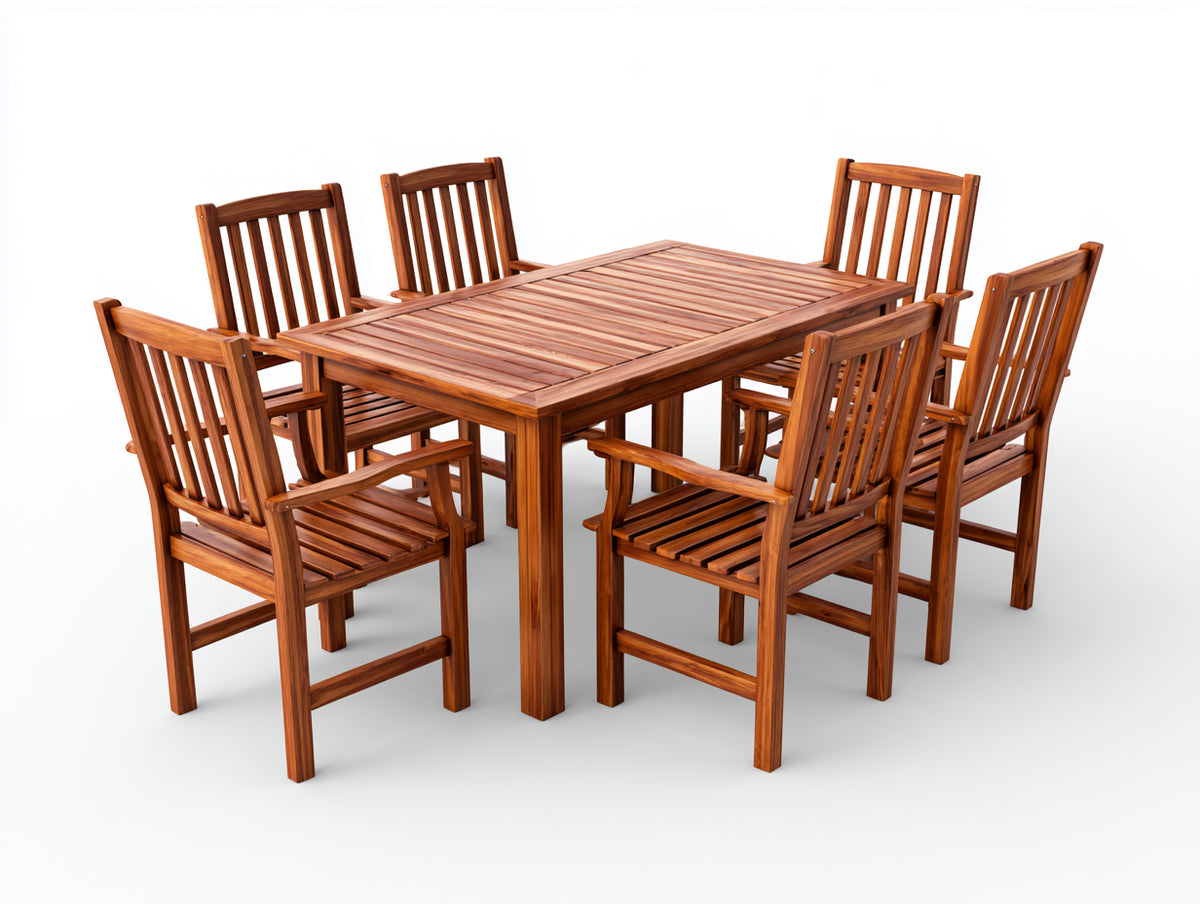 Conjuntos de comedor de jardín de madera 160x90x75 cm - marrón natural - mesa rectangular con 6 sillas