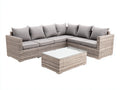 Sofá de exterior de ratán sintético 320x220x75 cm - marrón natural-gris claro - estilo moderno con diseño modular y mesa auxiliar