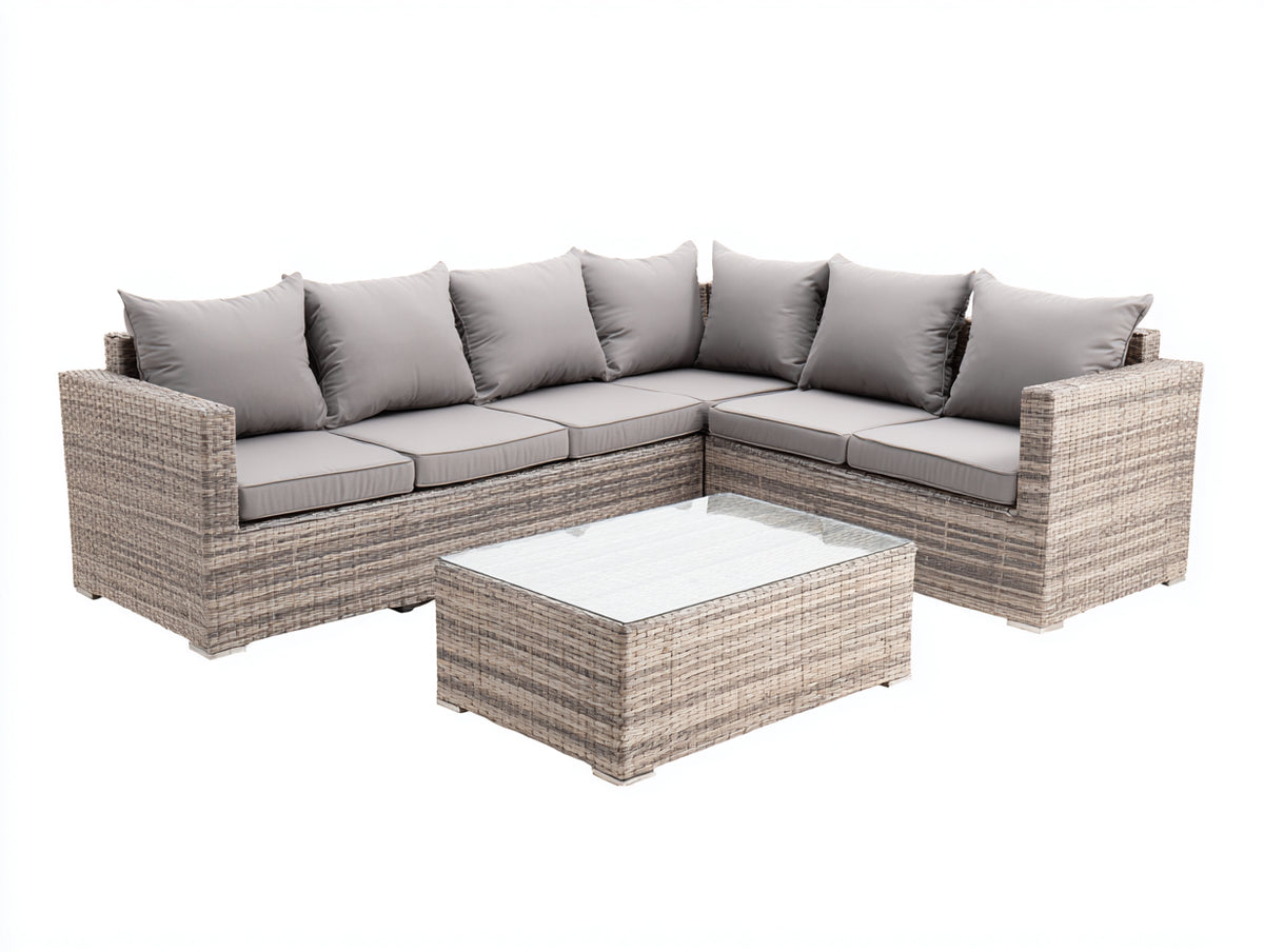 Sofá de exterior de ratán sintético 320x220x75 cm - marrón natural-gris claro - estilo moderno con diseño modular y mesa auxiliar