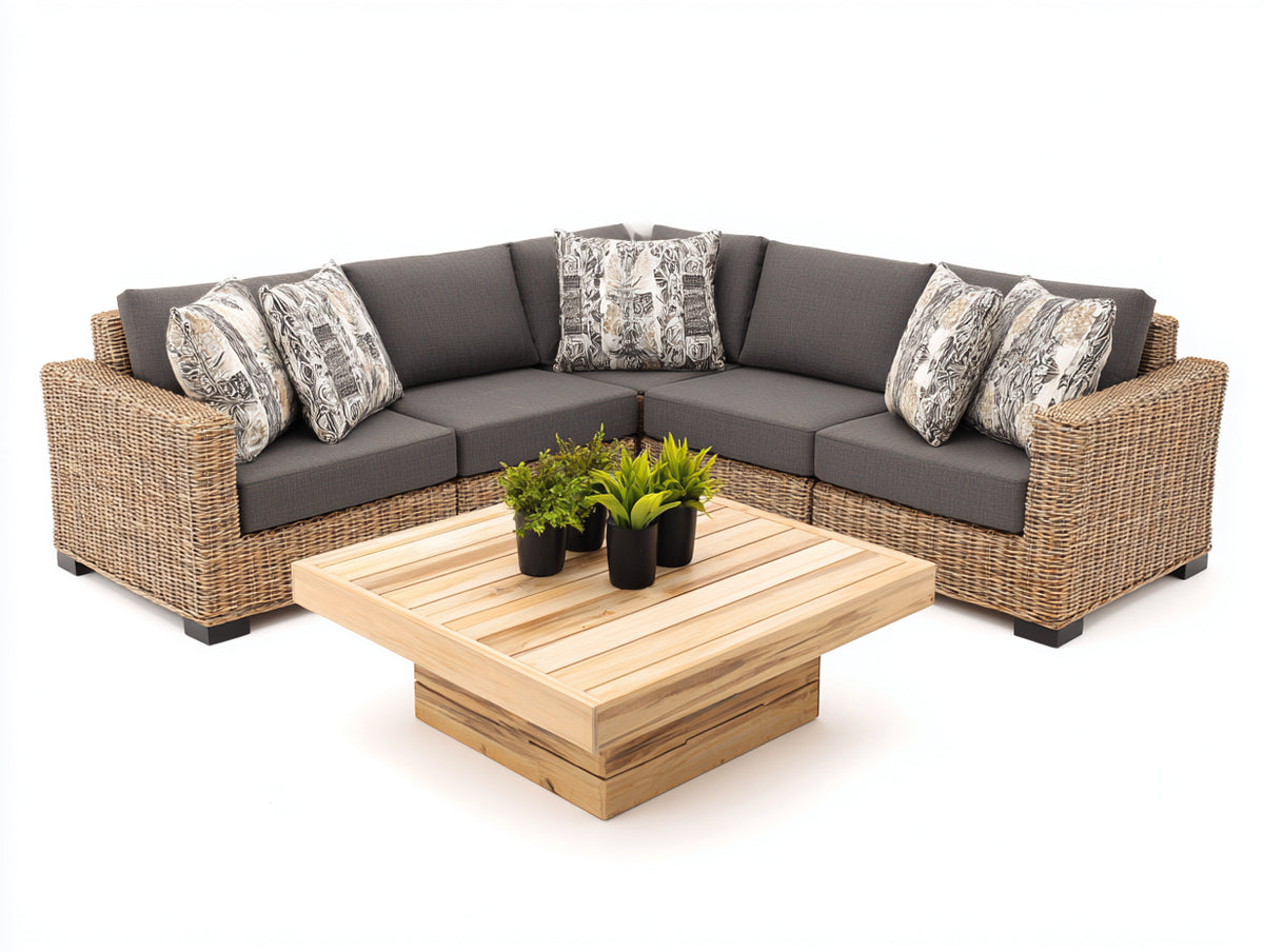 Sofás de exterior de ratán 250x250x75 cm - marrón-gris oscuro-madera natural - conjunto esquinero con mesa de centro