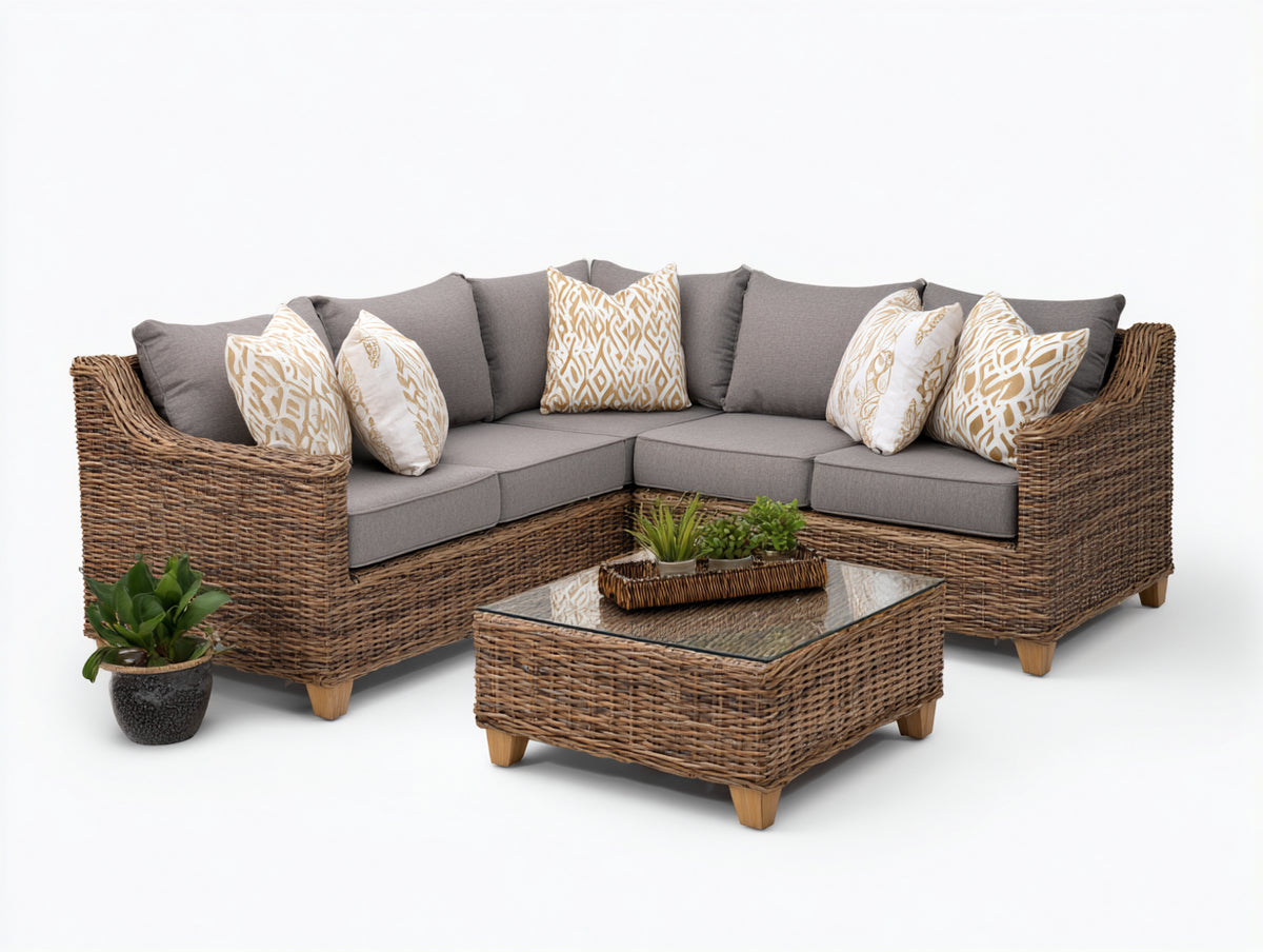 Sofá de exterior de ratán sintético 260x260x75 cm - Gris y marrón natural - Diseño moderno con mesa de centro cuadrada