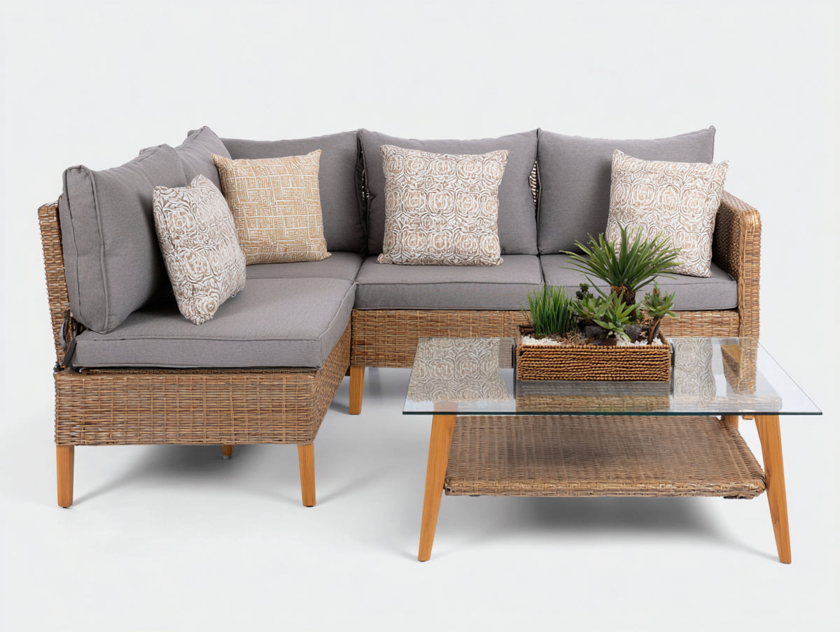 Sofá de exterior de ratán sintético 260x160x75 cm - marrón natural-gris - estilo moderno con diseño modular y mesa auxiliar