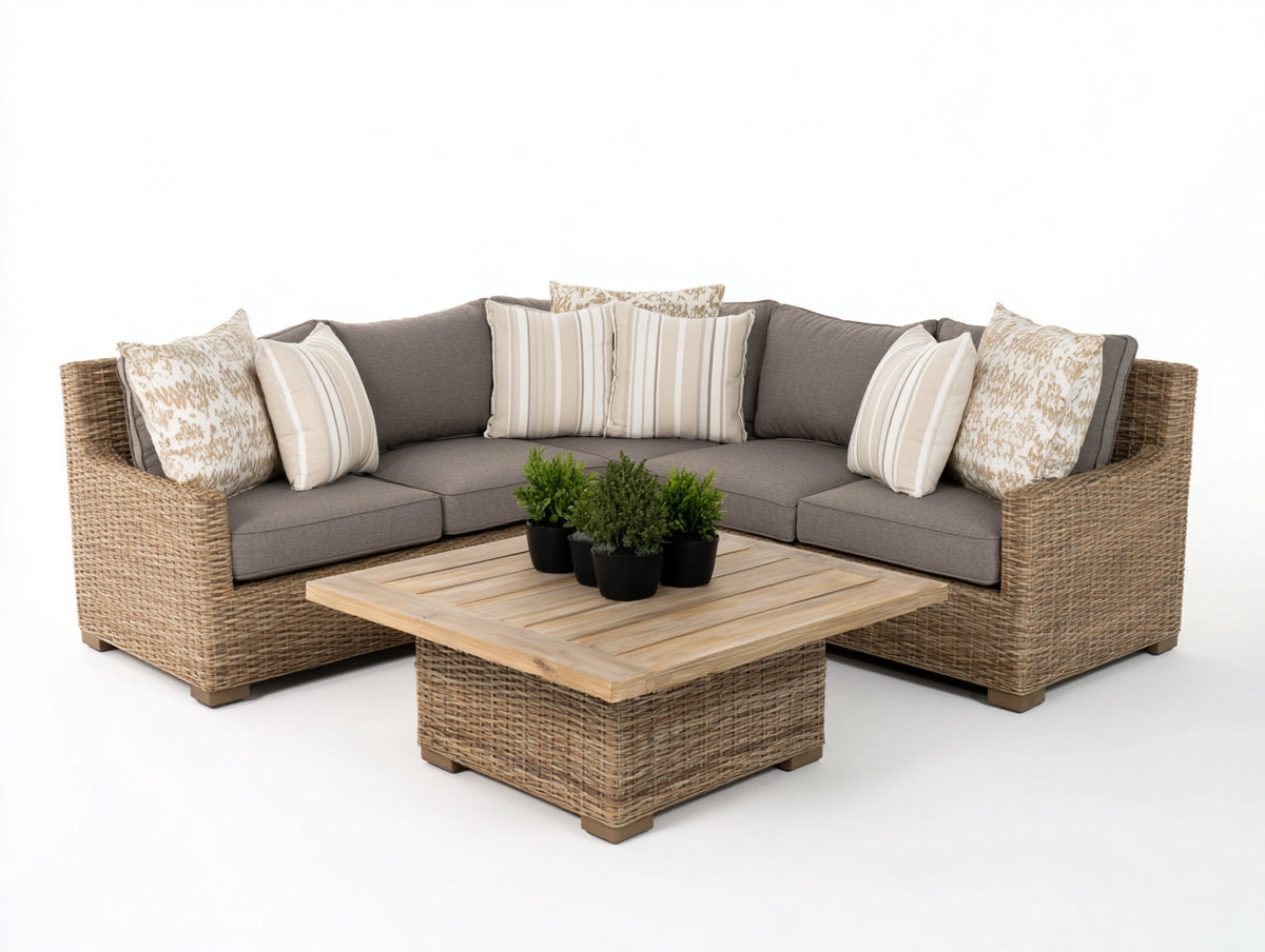 Sofá de exterior de ratán sintético 280x280x75 cm - marrón natural-gris - estilo moderno con diseño modular