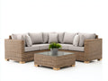 Sofá de exterior de ratán sintético 240 x 240 x 70 cm - color gris con mesa de centro de cristal - conjunto moderno para jardín y terraza