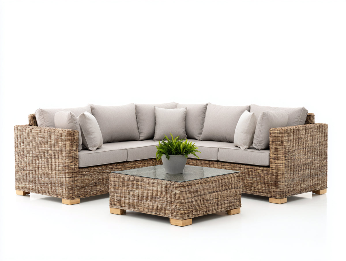 Sofá de exterior de ratán sintético 240 x 240 x 70 cm - color gris con mesa de centro de cristal - conjunto moderno para jardín y terraza