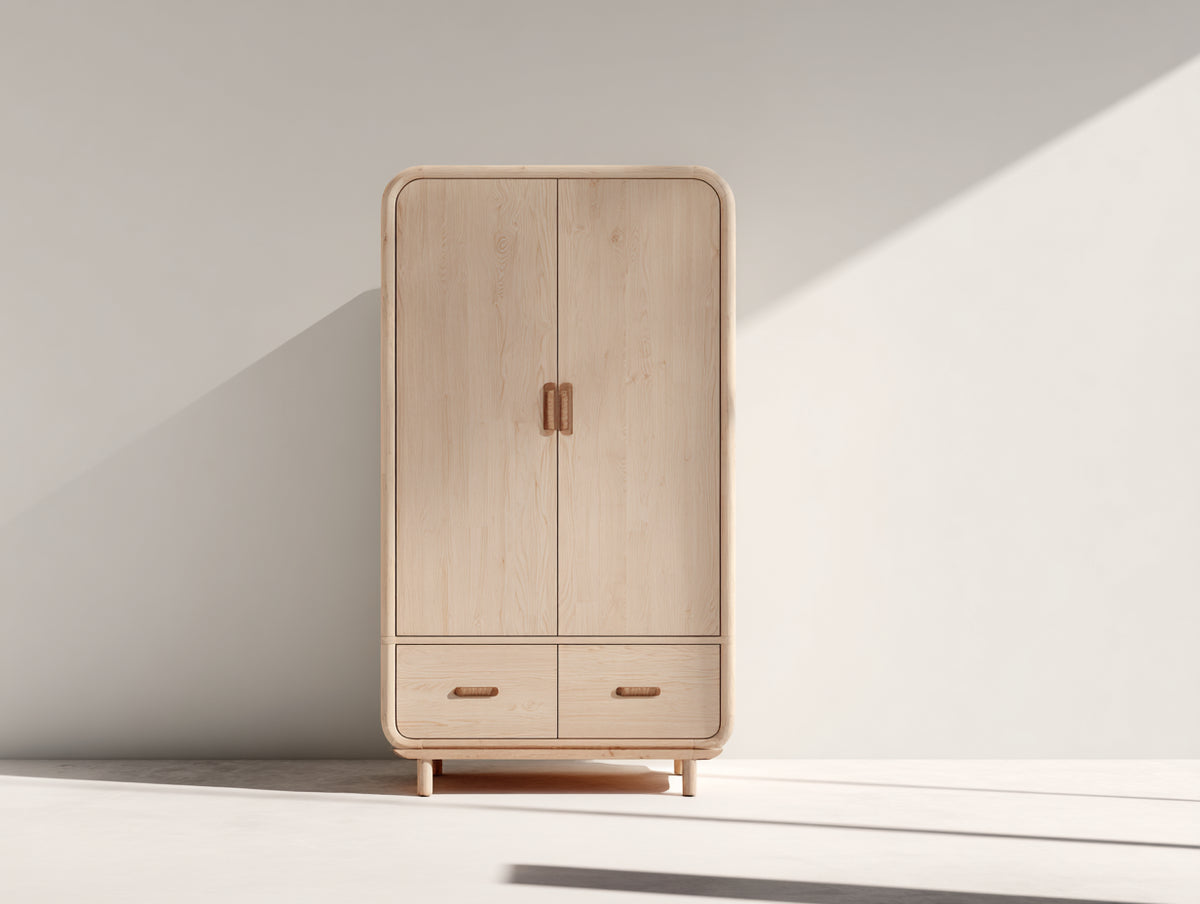 Armarios de madera 90x52x185 cm - Madera natural clara - Armario de 2 puertas y 2 cajones con bordes redondeados