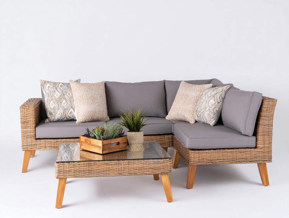 Sofá de exterior de ratán sintético 240 x 240 x 70 cm - color gris con mesa de centro de cristal - conjunto moderno para jardín y terraza
