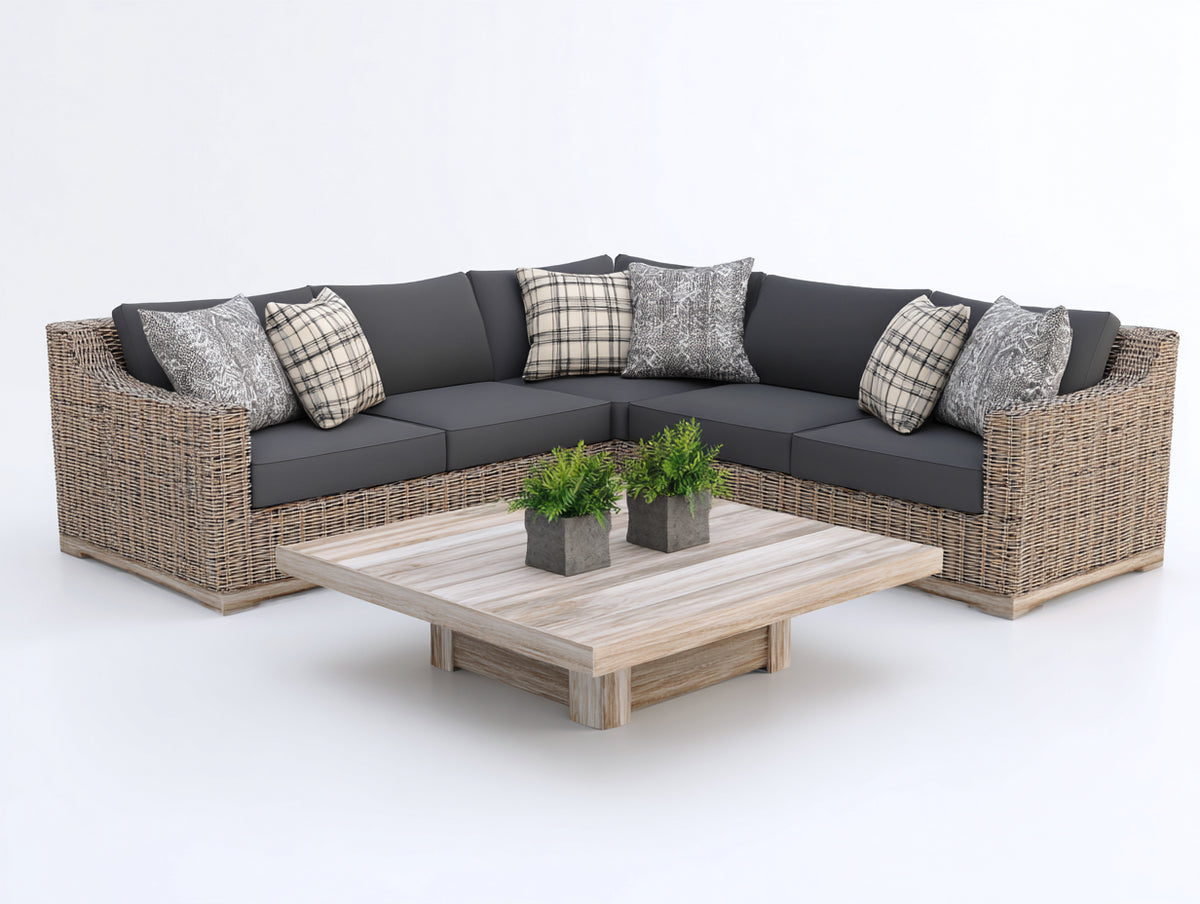 Sofá de exterior de ratán sintético 300x300x75 cm - marrón natural-gris oscuro - estilo moderno con diseño modular y mesa auxiliar cuadrada