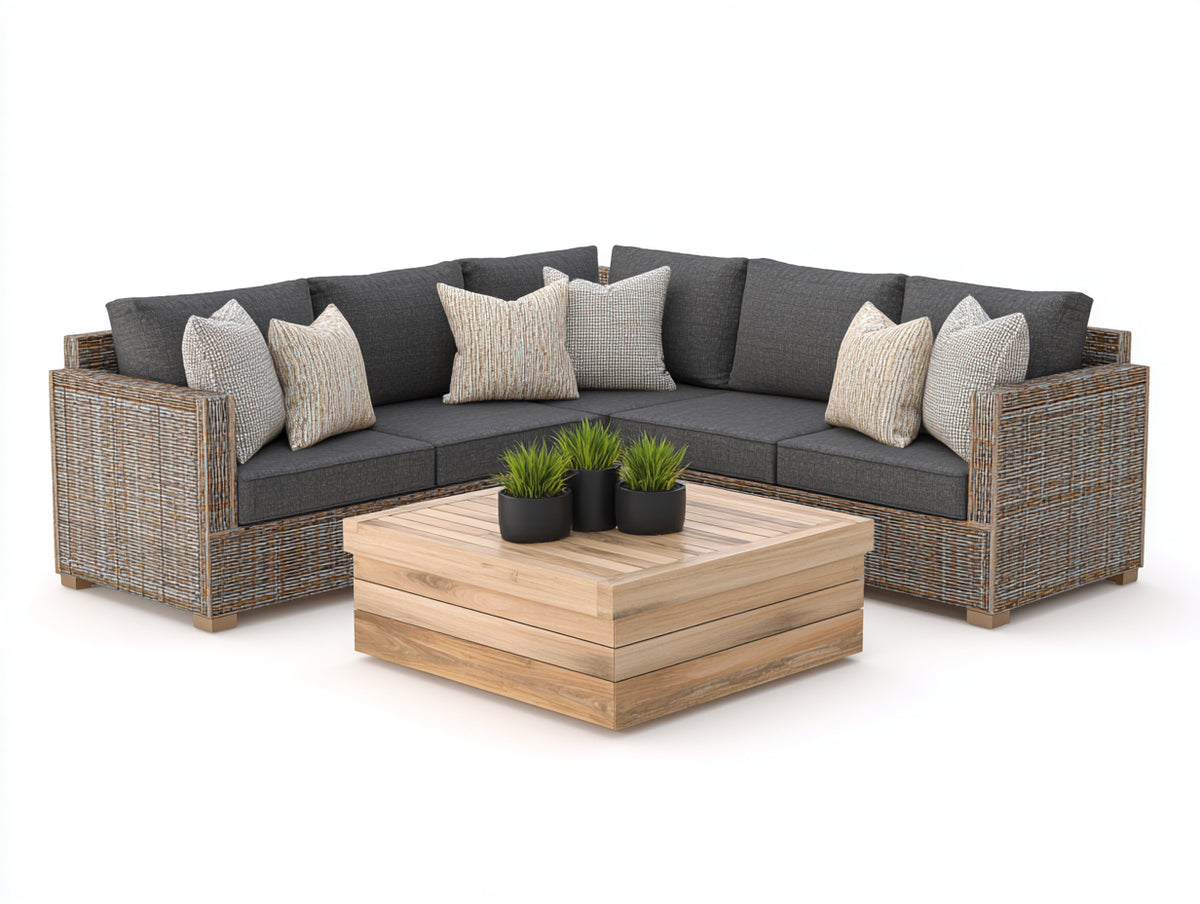 Sofás de exterior de ratán 260x260x78 cm - Marrón grisáceo y gris oscuro - Sofá esquinero modular con mesa de centro