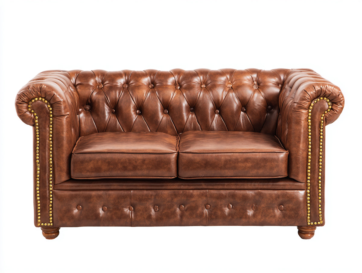 Sofá de 2 plazas de piel sintética 180x90x85 cm - Color marrón - Estilo clásico Chesterfield