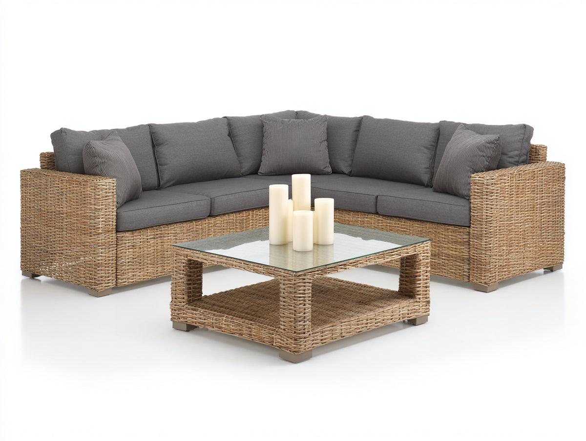 Sofá de exterior de ratán sintético 240 x 240 x 70 cm - color gris con mesa de centro de cristal - diseño moderno para jardín y terraza