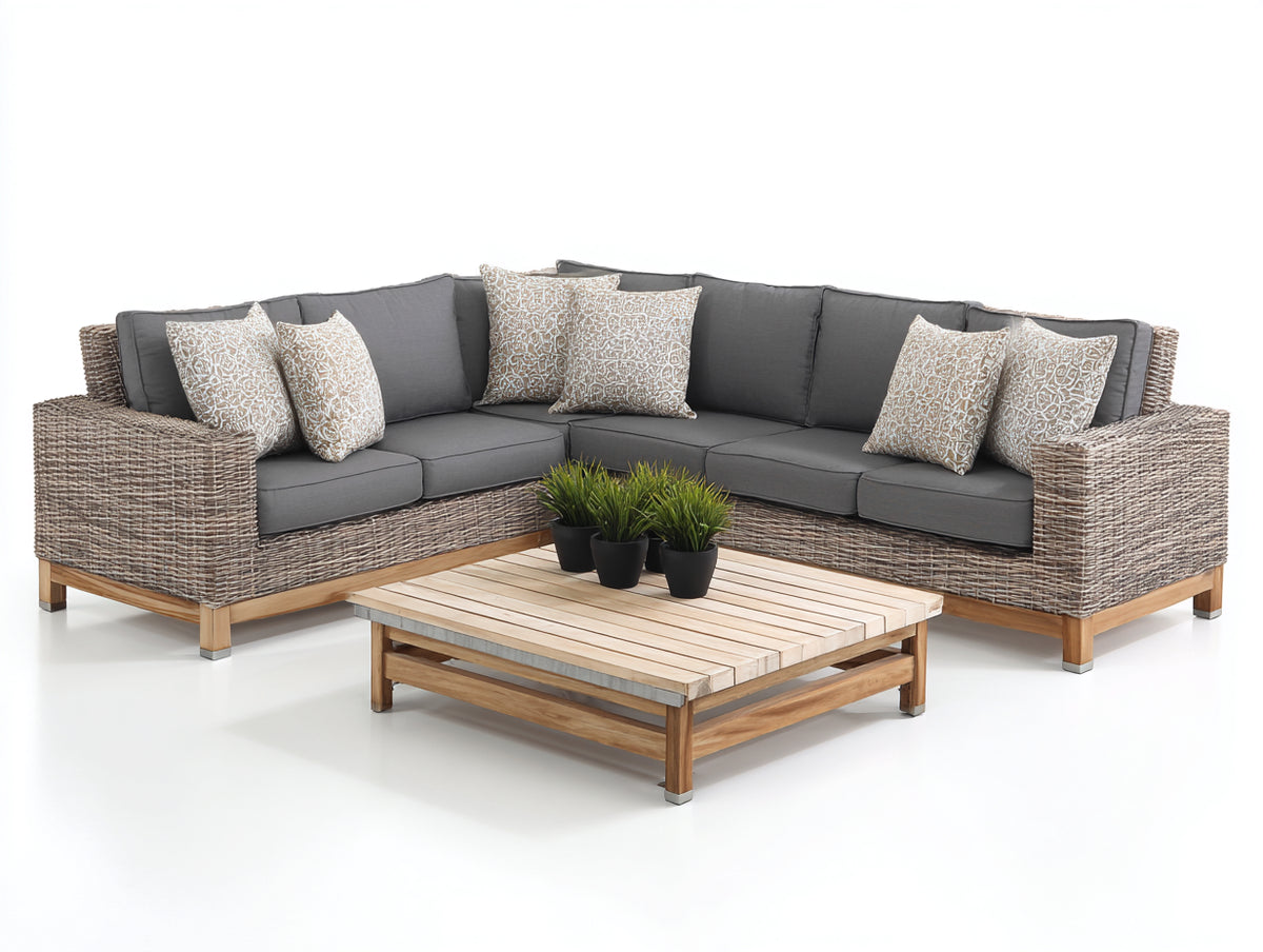 Sofá de exterior de ratán sintético 260x260x75 cm - Gris y madera - Diseño moderno con mesa auxiliar cuadrada