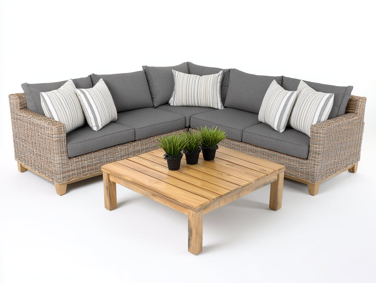 Sofá de exterior de ratán sintético 260x260x75 cm - Gris y madera natural - Diseño moderno con mesa de centro cuadrada