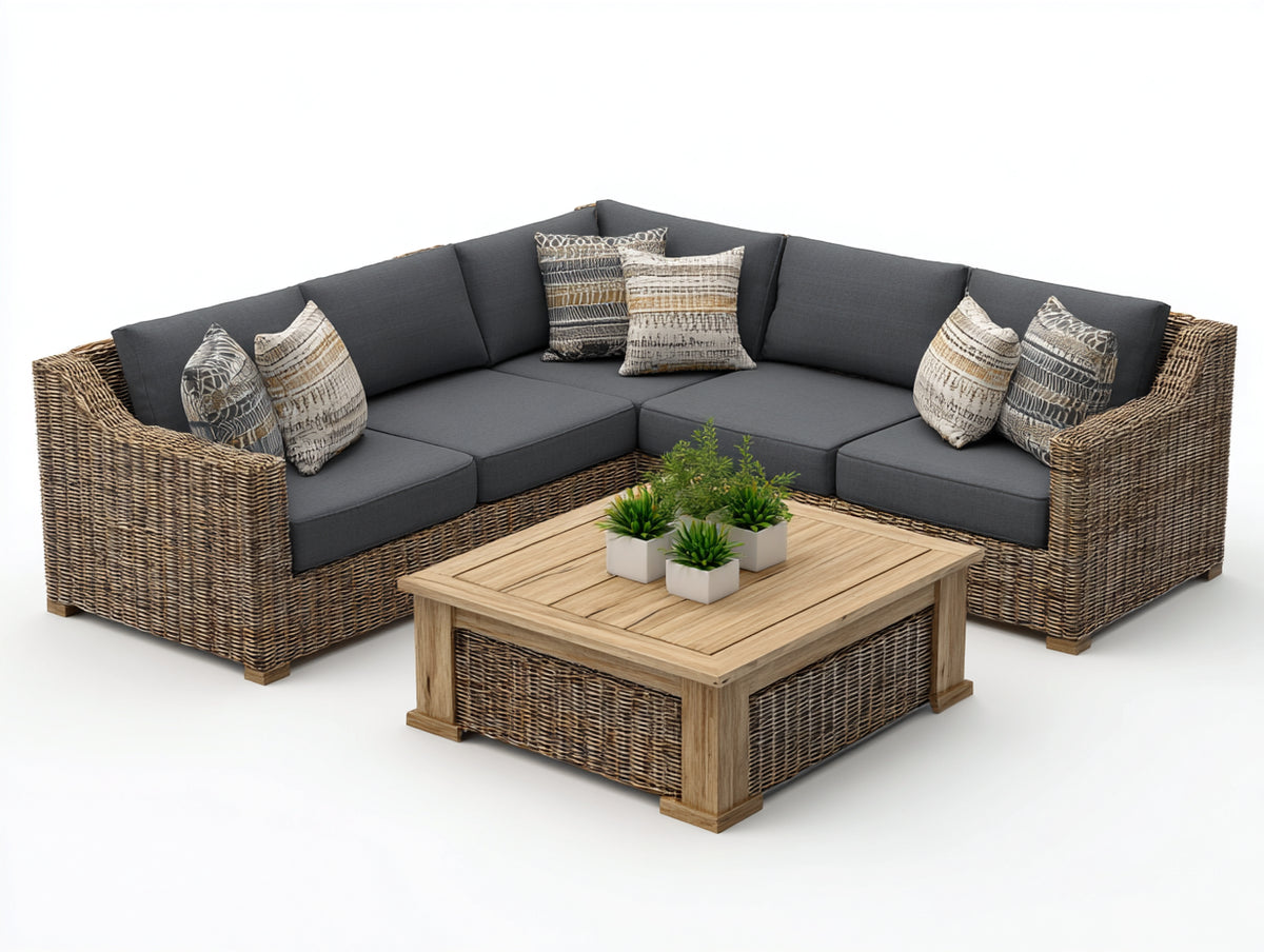 Sofás de exterior de ratán 265x265x80 cm - Marrón natural y gris antracita - Sofá esquinero modular con mesa de centro de madera