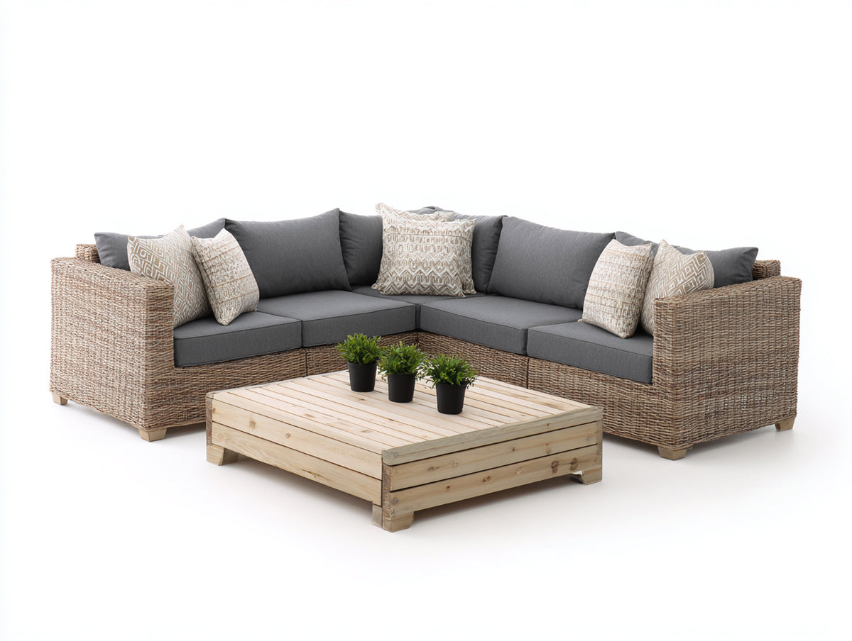 Sofá de exterior de ratán sintético 240 x 240 x 70 cm - color gris con mesa auxiliar de madera - diseño moderno para jardín y terraza