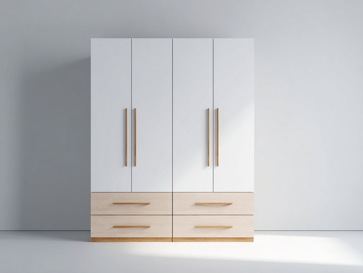 Armario de madera 180 x 55 x 200 cm - blanco y madera natural - diseño moderno con 4 puertas y 4 cajones para dormitorio