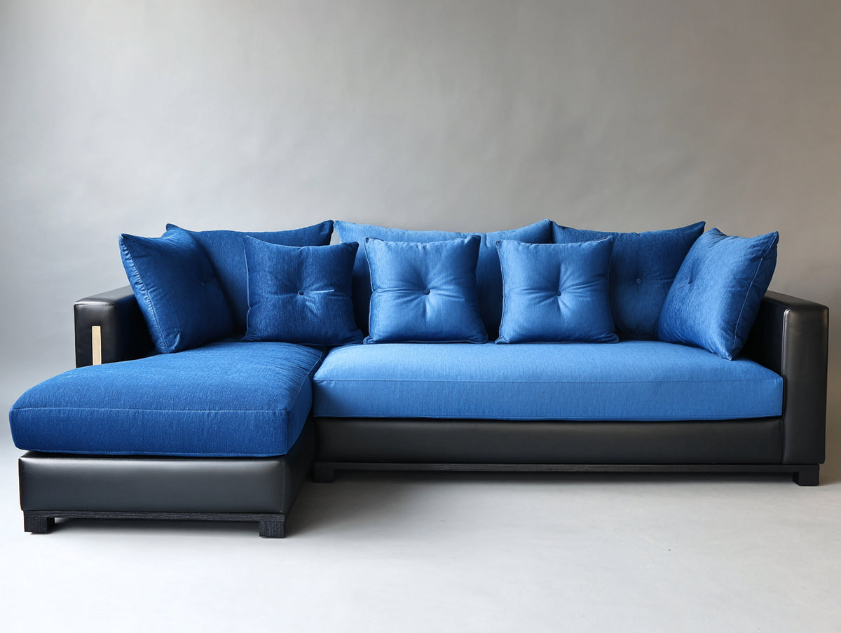 Sofá de esquina de tela 300x180x85 cm - Color azul - Diseño moderno con chaise longue