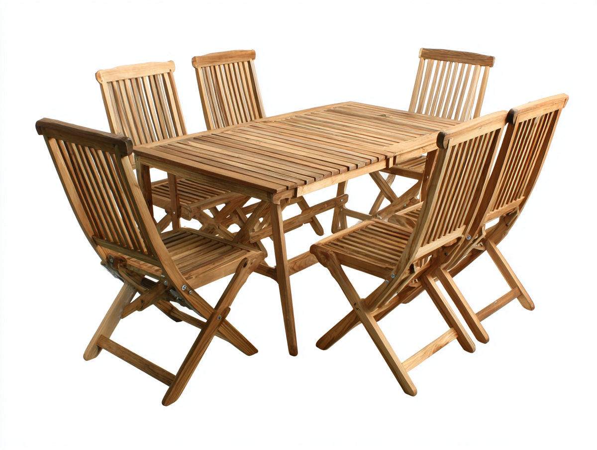 Conjuntos de comedor de jardín de madera 180x100x75 cm - Madera natural - Mesa rectangular con 6 sillas plegables