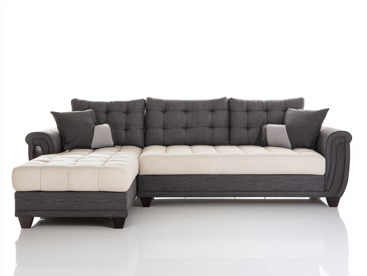 Sofás de esquina de tela 270x165x88 cm - Gris oscuro y crema - Sofá seccional acolchado con chaise longue y diseño capitoné