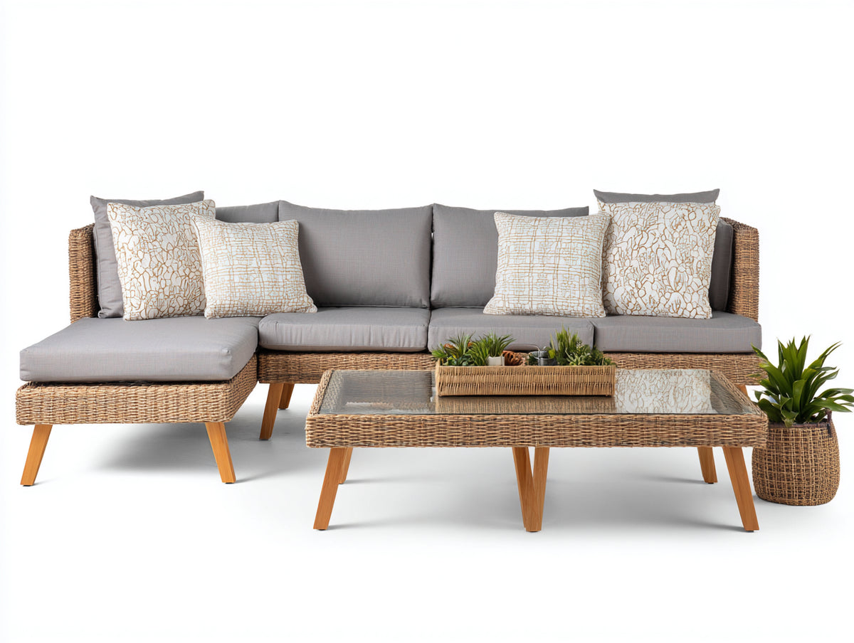 Sofás de exterior de ratán 270x170x78 cm - marrón-gris - conjunto con chaise longue y mesa de centro