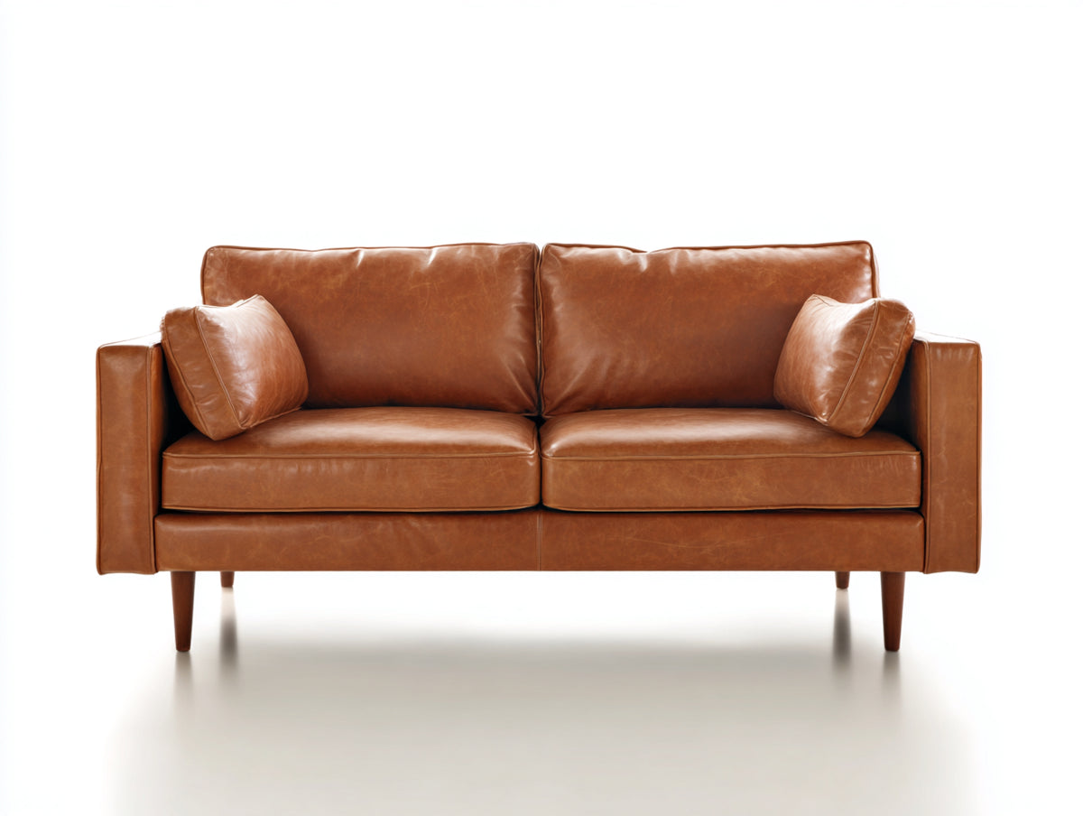 Sofás 2 plazas tapizado efecto cuero 180x88x84 cm - marrón coñac-madera oscura - diseño moderno con brazos rectos