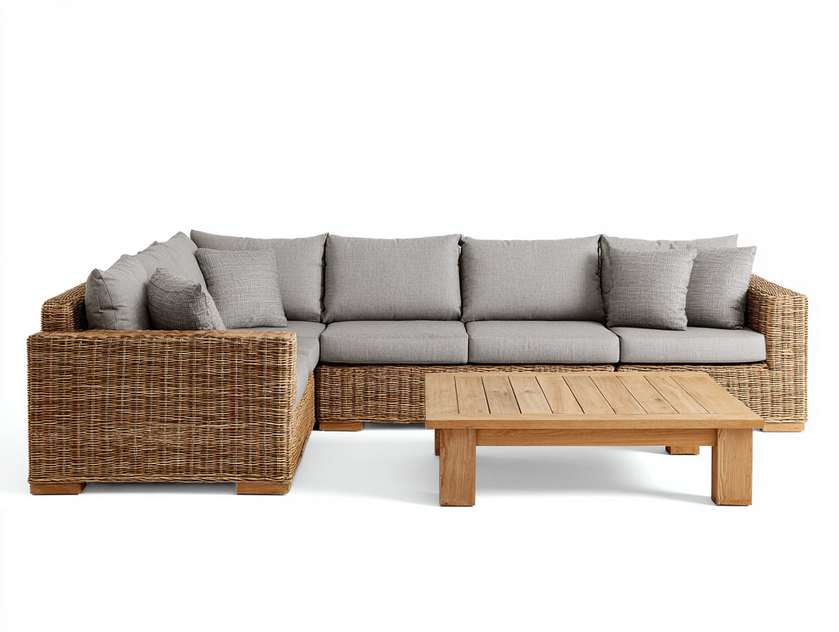 Sofás de exterior de ratán 285x215x80 cm - Marrón natural y gris claro - Sofá esquinero modular con chaise longue y mesa de centro de madera