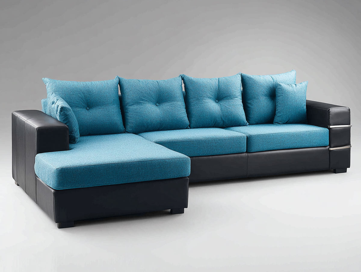 Sofás de esquina de tela 280x165x88 cm - Azul turquesa y negro - Sofá seccional acolchado con chaise longue y base efecto cuero