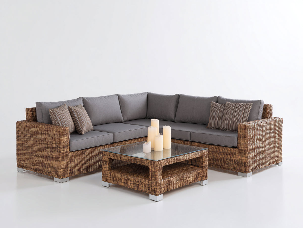Sofás de exterior de ratán 250x250x78 cm - Marrón natural y gris - Sofá esquinero modular con mesa de centro de cristal