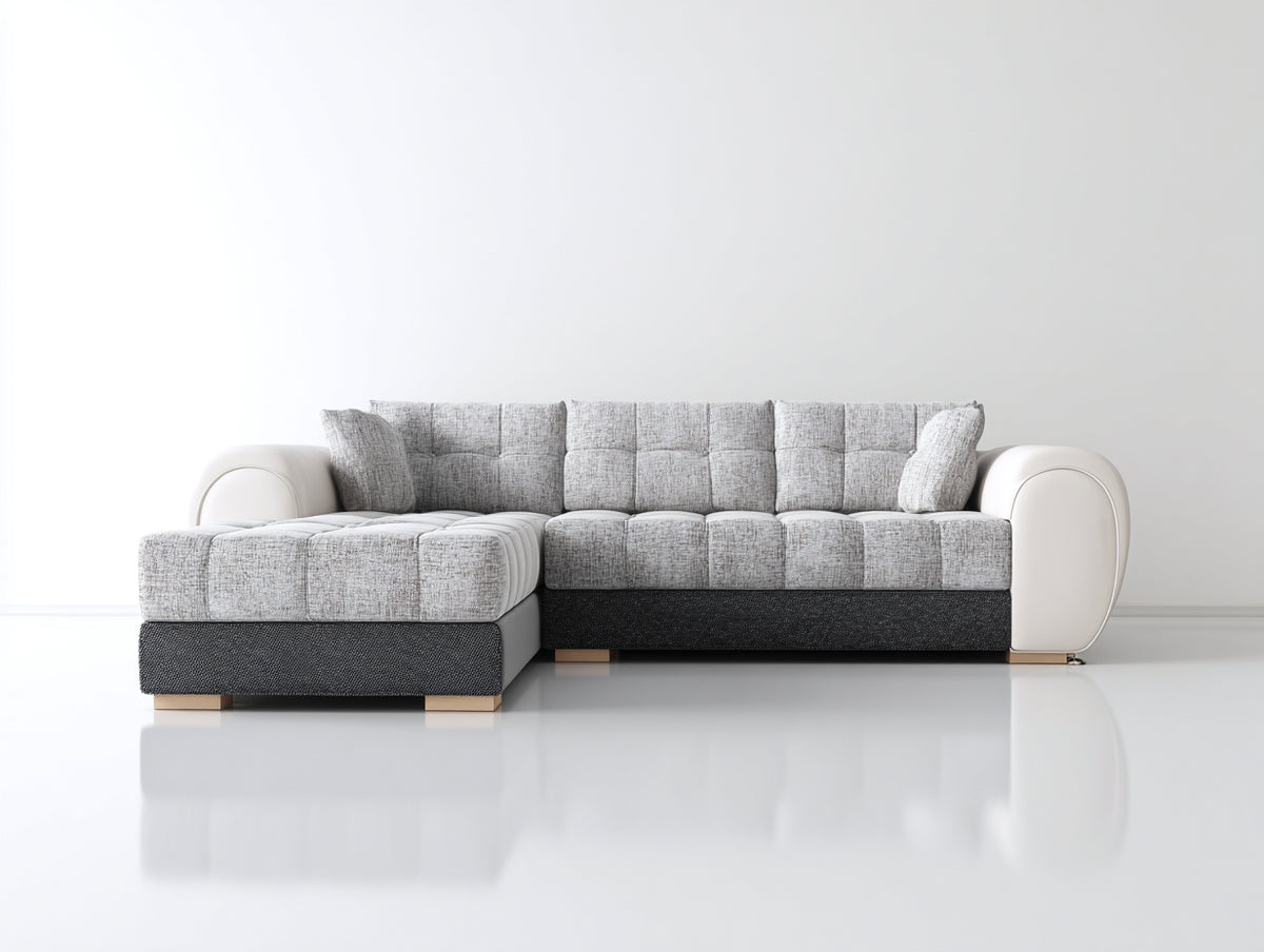 Sofá de esquina de tela 300x180x85 cm - Color gris y blanco - Diseño moderno acolchado